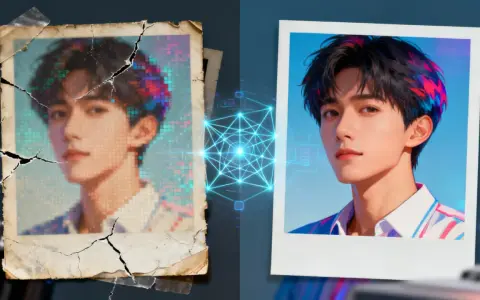 Una imagen ai transforma una foto antigua y pixelada de un joven en una versión nítida y vibrante, mostrando el poder de la tecnología.