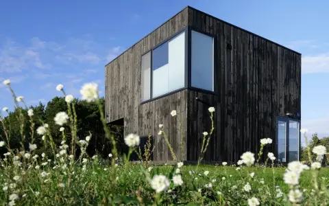 Maison moderne au bardage en bois noir, résultat d'un traitement bois brulé, entourée de fleurs blanches et d'arbres.
