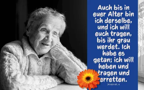 Porträt einer älteren Frau mit einem warmen Lächeln, neben einem Zitat, das Segenswünsche für ältere Menschen ausdrückt.