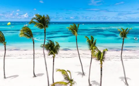 Traumhafter Strand mit Palmen und türkisfarbenem Meer. Perfekt für einen kurzurlaub im November.