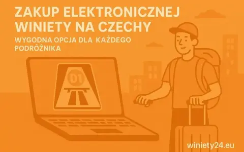 Kup e-winiety Czechy wygodnie online na winniety24.eu. Grafika przedstawia podróżnika z walizką i plecakiem przed laptopem z symbolem autostrady.