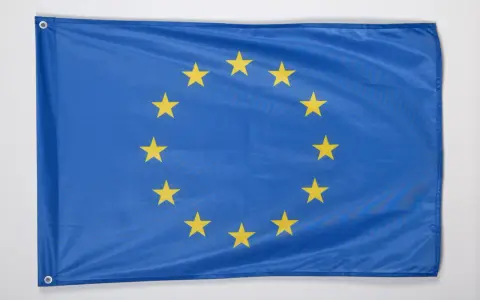 Flaga Unii Europejskiej, symbol jedności i współpracy, z dwunastoma złotymi gwiazdami na niebieskim tle.