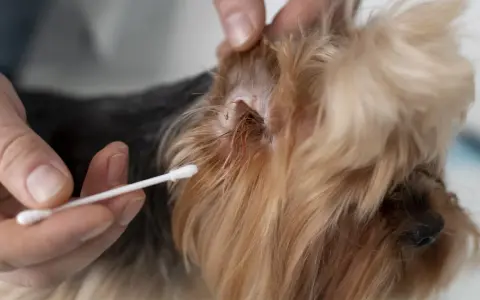 Main d'une personne tenant un coton-tige près de l'oreille d'un chien, où une tique est visible. Une solution à base de vinaigre peut aider à enlever la tique du chien.