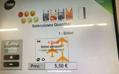 Buying a ticket at the Barcelona airport metro station. The screen shows options for quantity and ticket type, with a price of 5.50€.