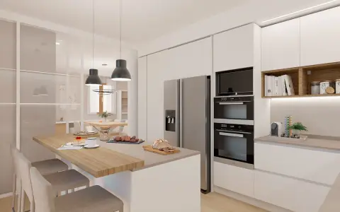 Cucina moderna con isola e sgabelli, elettrodomestici integrati e soluzioni per ottimizzare gli spazi.