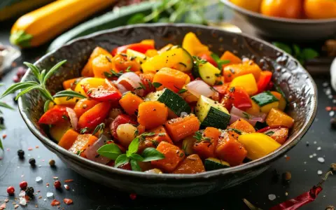 Un bol de poêlée de légumes colorée, avec des dés de courgettes, poivrons, oignons et carottes, assaisonnée d'herbes fraîches.