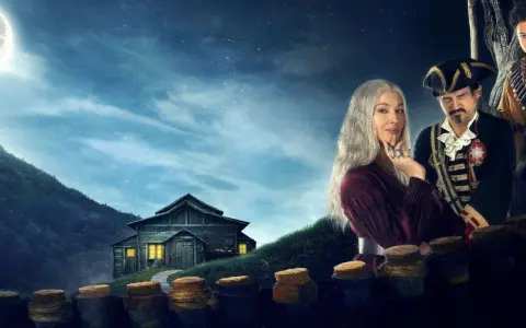 La Befana vien di notte, volando su una scopa sotto la luna piena, con un uomo in costume da pirata e una giovane donna.