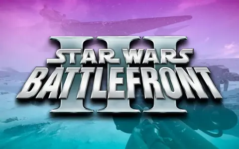 El logo de Star Wars Battlefront III sobre un paisaje nevado con un AT-AT y una nave estelar.