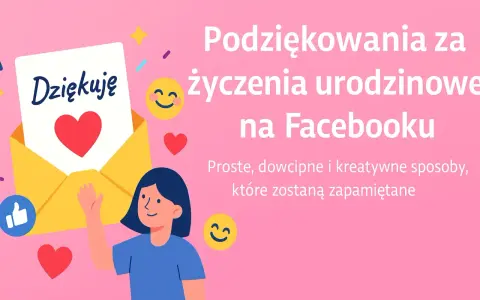 Podziękowania za życzenia urodzinowe na Facebooku. Uśmiechnięta dziewczyna z kopertą i sercem.
