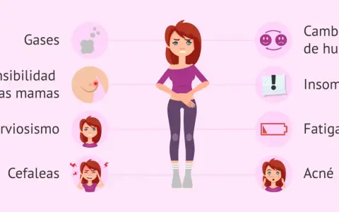 Ilustración de mujer con síntomas premenstruales: gases, sensibilidad en mamas, nerviosismo, cefaleas, cambios de humor, insomnio, fatiga y acné. Tristeza antes de la regla.