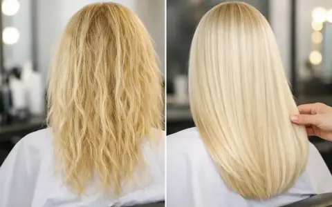 Prima e dopo: capelli decolorati, crespi e spenti trasformati in una chioma liscia, luminosa e sana.