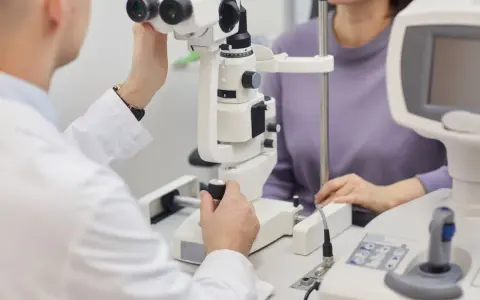 Lekarz bada pacjentkę, która może mieć neuropatię nerwu wzrokowego. Badanie wzroku przy użyciu specjalistycznego sprzętu.