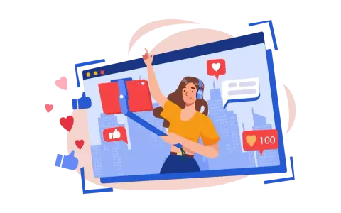 Dziewczyna z selfie stickiem nagrywa filmik. Ikony serduszek i kciuków w górę sugerują popularny wpis na bloga po angielsku tematy.