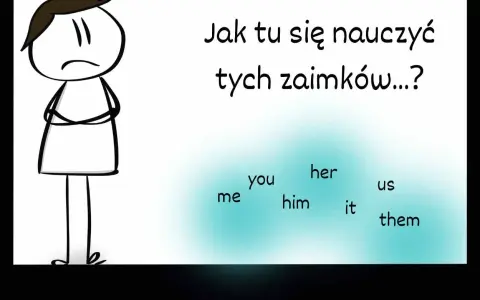 Smutna postać zastanawia się: "Jak tu się nauczyć tych zaimków...?". Widać słowa: me, you, him, her, it, us, them.