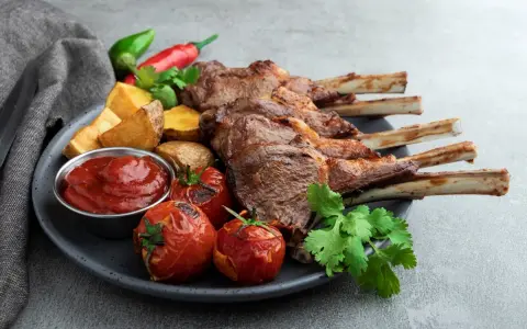 A perfectly grilled comber jagnięcy, served with roasted tomatoes, potato wedges, chili peppers, and a side of ketchup.