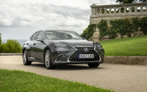 Elegancki, ciemnoszary Lexus 300h na tle kamiennego muru porośniętego bluszczem i zielonej trawy.