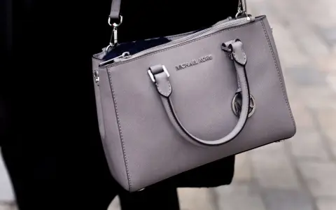 Szara torebka Michael Kors, znanej firmy z luksusowymi akcesoriami, z widocznym logo.