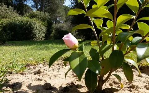 Un camélia en pot, avec un bouton rose pâle prêt à éclore, se dresse sur un sol sablonneux, entouré de verdure luxuriante.