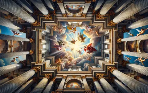 Un plafond orné de colonnes majestueuses et de peintures de **peintres figuratifs contemporains** représentant des anges dans un ciel lumineux.