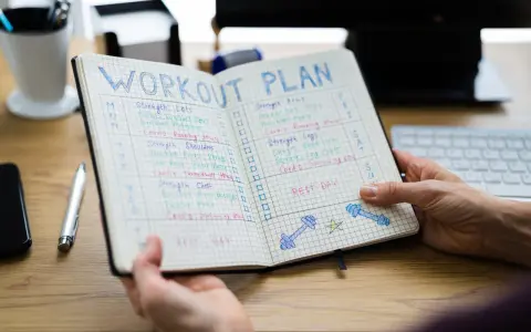 Ein offenes Notizbuch mit einem Trainingsplan, der Übungen und Ruhetage auflistet. Der Plan ist in Spalten für die Tage der Woche unterteilt, mit Kästchen zum Abhaken. Der 3er Split ist klar erkennbar.