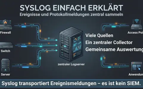 Syslog erklärt: Firewall, Switch, Server, Access Point und Anwendung senden Ereignismeldungen an einen zentralen Logserver. Das sind die Logfiles.