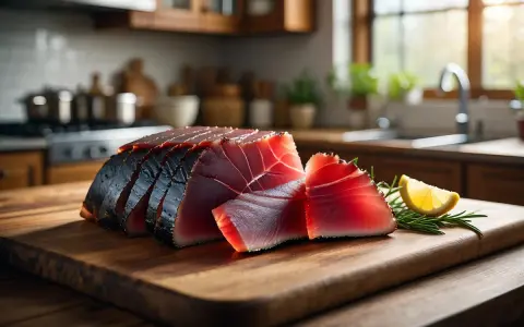 Mojama de atún en rodajas, con limón y romero, sobre tabla de madera en cocina.