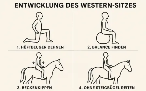Übungen zur Entwicklung des Western-Sitzes: Hüftbeuger dehnen, Balance finden, Becken kippen und reiten ohne Steigbügel – so wird das Westernreiten gemeistert.
