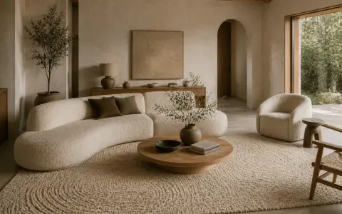 Ett lugnt, minimalistiskt hem med en böljande soffa, en rund soffbord och en fåtölj i bouclé. Naturliga material och jordnära färger skapar en harmonisk atmosfär.