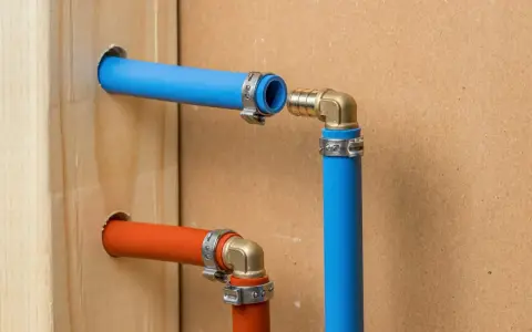 Instalacja hydrauliczna z rurami PEX. Widoczne zaciskanie PEX na złączkach, niebieska i pomarańczowa rura wychodząca z drewnianej belki.