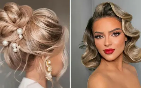 Eleganckie fryzury na wesele jako gość: upięcie z perłami i hollywoodzkie fale.