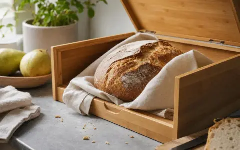 Świeży bochenek chleba w bambusowej chlebaczce, owinięty w lnianą ściereczkę. Idealny sposób, jak przechowywać chleb, by dłużej zachował świeżość.