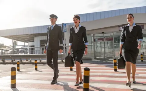 Pilot i dwie stewardessy idą przez pasy na lotnisku w Czarnogórze.