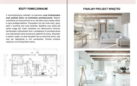 Rzut funkcjonalny domu i wizualizacje salonu z kuchnią oraz sypialni, pokazujące etapy remontu drewnianego domu.