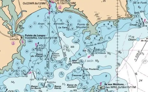 Carte profondeur mer de la région de Bénodet, montrant des bancs de sable, des rochers et des chenaux.