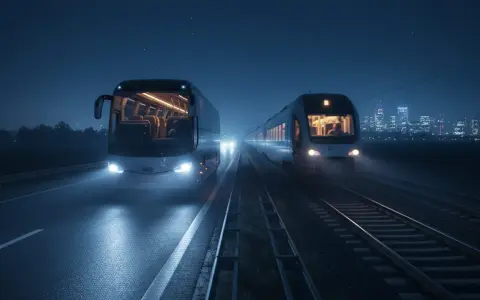 Nocny autobus i pociąg jadą równolegle. W tle widać nocne miasto, sugerujące podróż Berlin-Warszawa Express.