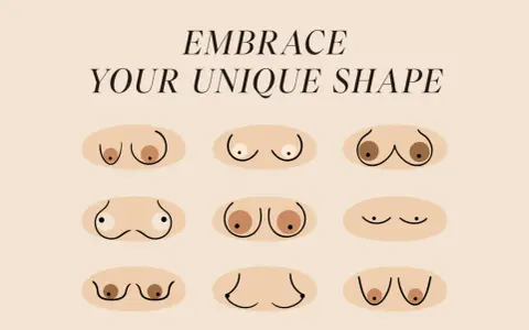 Illustrazione di nove seni di varie forme e dimensioni, da un tettone a punta a seni più arrotondati, con il testo "EMBRACE YOUR UNIQUE SHAPE".