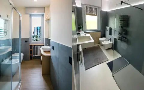 Planimetria bagno stretto e lungo con doccia, lavabo, bidet e WC.