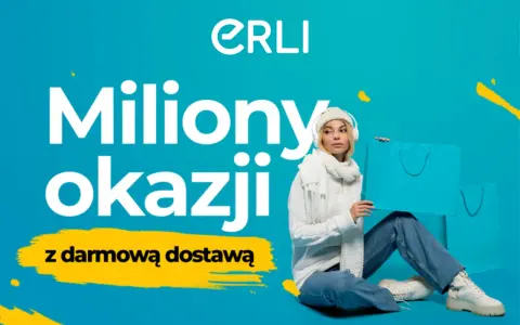 Erli co to? Miliony okazji z darmową dostawą. Młoda kobieta w zimowym stroju siedzi z torbami na zakupy.
