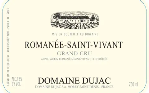 Étiquette de vin Romanée-Saint-Vivant Grand Cru, millésime 2010, Domaine Dujac. Un grand cru de Bourgogne.