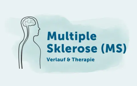 Grafik mit Gehirn und Körperumriss, die auf die Multiple Sklerose (MS) und ihre Diagnostik, Verlauf & Therapie hinweist.