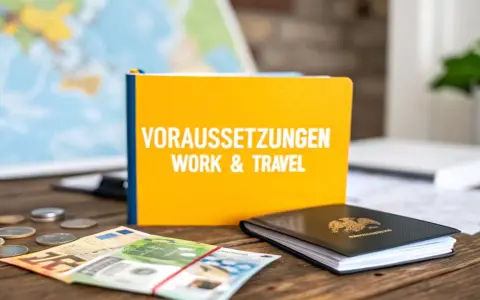 Ein Buch mit dem Titel "Voraussetzungen Work & Travel" liegt neben einem Reisepass, Geld und Münzen. Perfekt für die Planung nach dem Studium!