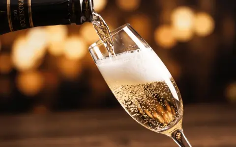 Bąbelki musującego prosecco wypełniają kieliszek, gdy jest nalewane z butelki. To jest właśnie to, co to jest prosecco – włoskie wino musujące.