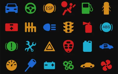 Icone colorate su sfondo nero: cruscotto auto, cambio, ESP, ABS, serbatoio, batteria, ventola, e altri indicatori per il propulsore auto.