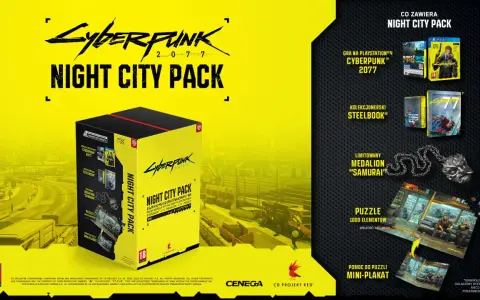 Opakowanie gry Cyberpunk 2077 Night City Pack z zawartością: gra PS4, steelbook, medalion, puzzle i plakat.