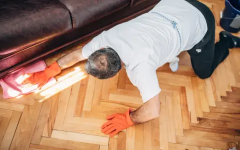 Man in orange gloves cleaning wooden floor with a pink cloth.