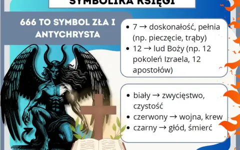 Symbolika z Apokalipsy św. Jana: 666 to znak Antychrysta. Liczby 7 i 12 oznaczają doskonałość i lud Boży. Kolory: biały (zwycięstwo), czerwony (wojna), czarny (śmierć).