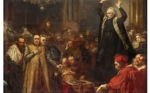 Piotr Skarga wygłasza płomienną mowę do zgromadzonych dostojników.