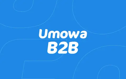 Umowa B2B – klucz do współpracy między firmami. Białe napisy na niebieskim tle.
