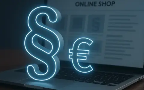Ein Paragrafzeichen und ein Euro-Symbol leuchten auf einem Laptop mit "Online Shop" im Hintergrund.