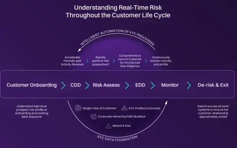 Diagram shows the customer lifecycle from onboarding to exit, highlighting intelligent automation of KYC processes for real-time risk understanding.